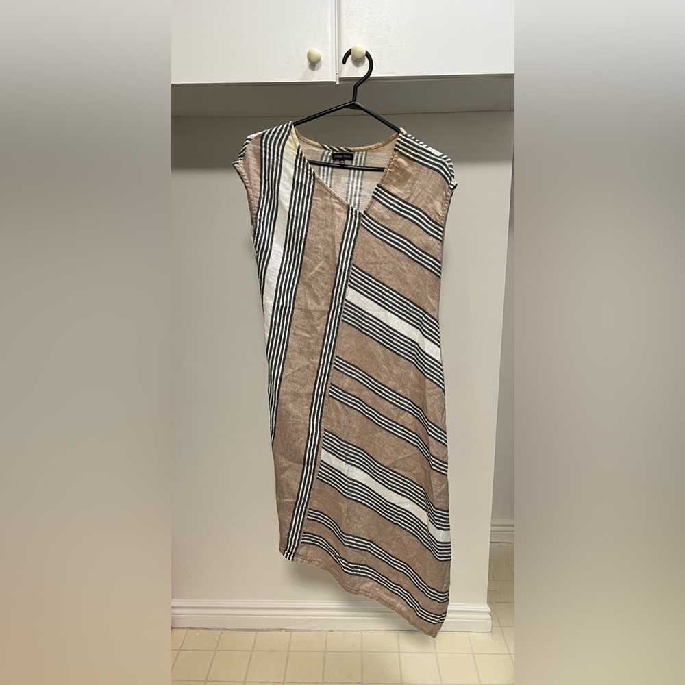 Athena Marie Lagenlook Boho Linen Cotton Striped Asymmetric Midi Dress S
